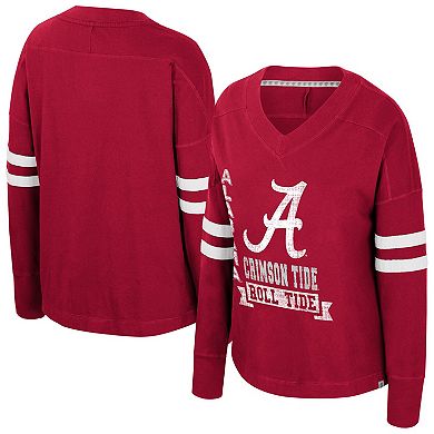 Women's Colosseum Crimson Alabama Crimson Tide Oversized Violet Distressed V-Neck Long Sleeve T-Shirt