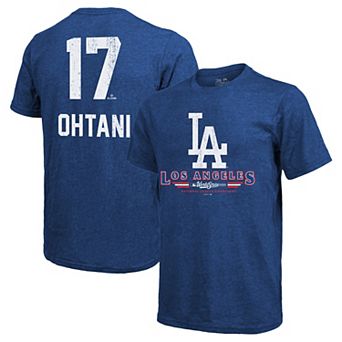 Men's Majestic Threads Shohei Ohtani Royal Los Angeles Dodgers 2025 World Series Name & Number Tri-Blend T-Shirt