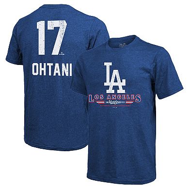 Men's Majestic Threads Shohei Ohtani Royal Los Angeles Dodgers 2025 World Series Name & Number Tri-Blend T-Shirt