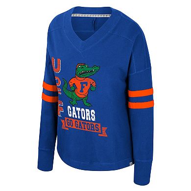 Women's Colosseum Royal Florida Gators Oversized Violet Distressed V-Neck Long Sleeve T-Shirt