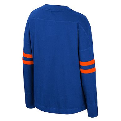 Women's Colosseum Royal Florida Gators Oversized Violet Distressed V-Neck Long Sleeve T-Shirt