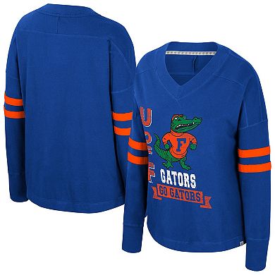 Women's Colosseum Royal Florida Gators Oversized Violet Distressed V-Neck Long Sleeve T-Shirt