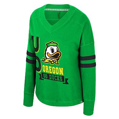 Women's Colosseum Green Oregon Ducks Oversized Violet Distressed V-Neck Long Sleeve T-Shirt