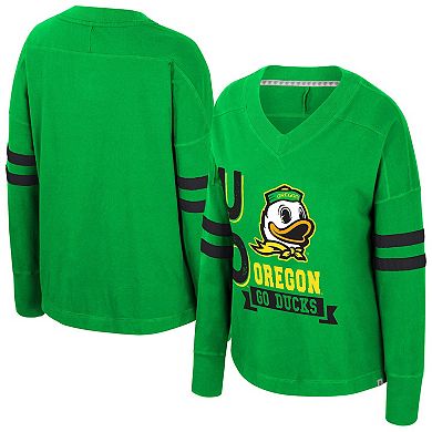 Women's Colosseum Green Oregon Ducks Oversized Violet Distressed V-Neck Long Sleeve T-Shirt