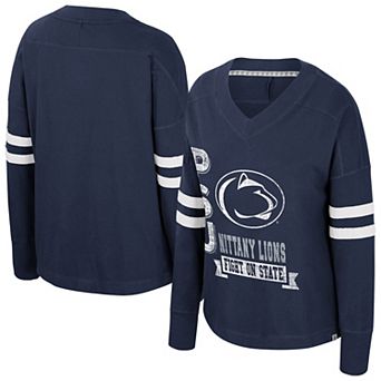 Women's Colosseum Navy Penn State Nittany Lions Oversized Violet Distressed V-Neck Long Sleeve T-Shirt