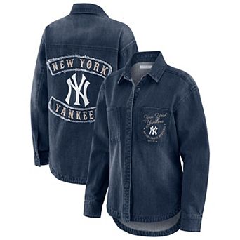 Women's WEAR by Erin Andrews Denim New York Yankees Washed Oversized Denim Full-Snap Shacket