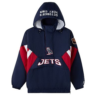 Men's OVO x Starter Navy Winnipeg Jets Half-Zip Hooded Jacket