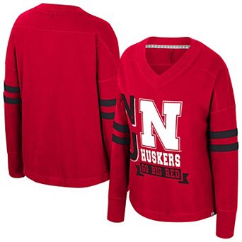 Women's Colosseum Red Nebraska Huskers Oversized Violet Distressed V-Neck Long Sleeve T-Shirt