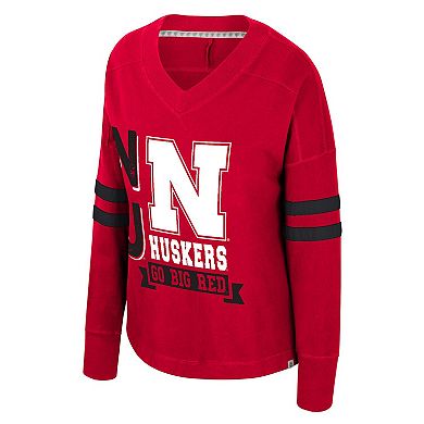 Women's Colosseum Red Nebraska Huskers Oversized Violet Distressed V-Neck Long Sleeve T-Shirt