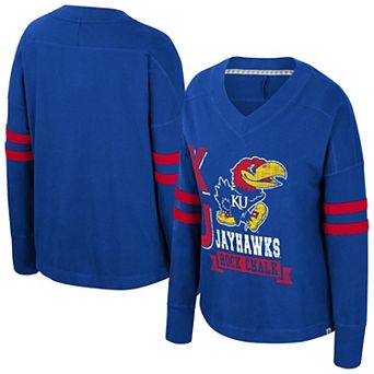 Women's Colosseum Royal Kansas Jayhawks Oversized Violet Distressed V-Neck Long Sleeve T-Shirt