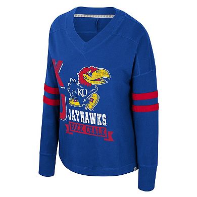Women's Colosseum Royal Kansas Jayhawks Oversized Violet Distressed V-Neck Long Sleeve T-Shirt