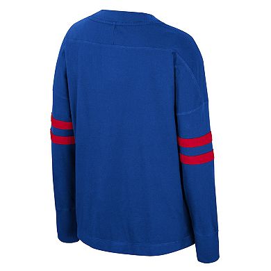 Women's Colosseum Royal Kansas Jayhawks Oversized Violet Distressed V-Neck Long Sleeve T-Shirt