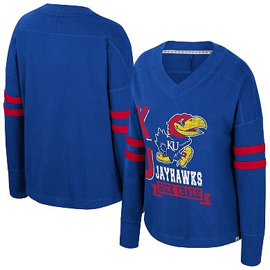 Women's Colosseum Royal Kansas Jayhawks Oversized Violet Distressed V-Neck Long Sleeve T-Shirt