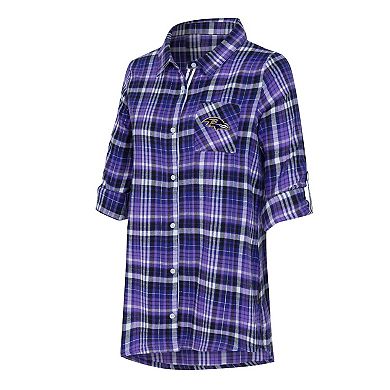 Women's Concepts Sport Purple Baltimore Ravens Laney Plaid Tri-Blend Full-Button Nightshirt