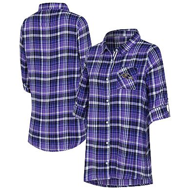 Women's Concepts Sport Purple Baltimore Ravens Laney Plaid Tri-Blend Full-Button Nightshirt