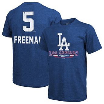 Men's Majestic Threads Freddie Freeman Royal Los Angeles Dodgers 2025 World Series Name & Number Tri-Blend T-Shirt