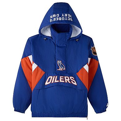 Men's OVO x Starter Royal Edmonton Oilers Half-Zip Hooded Jacket