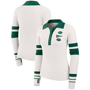 Women's WEAR by Erin Andrews White New York Jets Ribbed Henley Polo Sweater