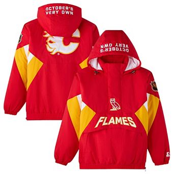 Men's OVO x Starter Red Calgary Flames Half-Zip Hooded Jacket