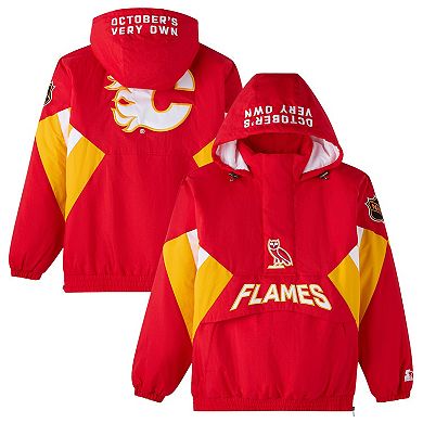 Men's OVO x Starter Red Calgary Flames Half-Zip Hooded Jacket
