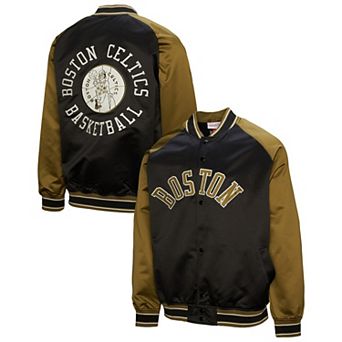 Men's Mitchell & Ness Olive/Black Boston Celtics Clutch Satin Raglan Full-Snap Jacket
