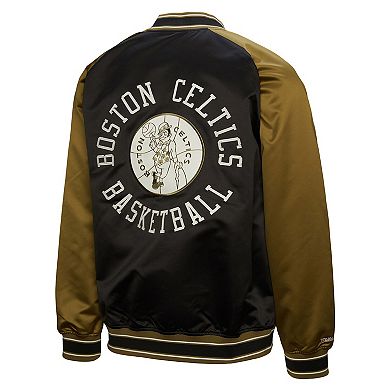 Men's Mitchell & Ness Olive/Black Boston Celtics Clutch Satin Raglan Full-Snap Jacket