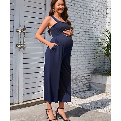 Maternity Smocked Jumpsuit Summer Casual Wide Leg Long Pants Sleeveless Romper Overalls Pockets