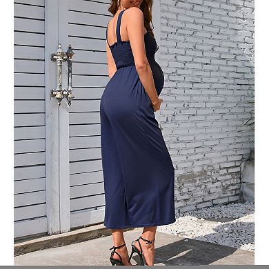 Maternity Smocked Jumpsuit Summer Casual Wide Leg Long Pants Sleeveless Romper Overalls Pockets