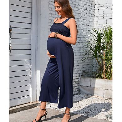 Maternity Smocked Jumpsuit Summer Casual Wide Leg Long Pants Sleeveless Romper Overalls Pockets