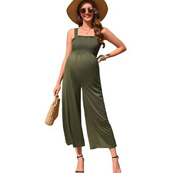 Maternity Smocked Jumpsuit Summer Casual Wide Leg Long Pants Sleeveless Romper Overalls Pockets