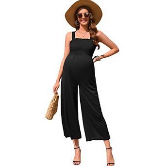 Maternity Smocked Jumpsuit Summer Casual Wide Leg Long Pants Sleeveless Romper Overalls Pockets