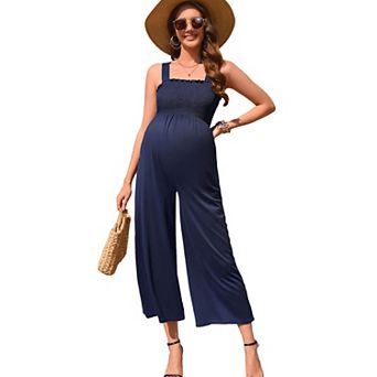 Maternity Smocked Jumpsuit Summer Casual Wide Leg Long Pants Sleeveless Romper Overalls Pockets
