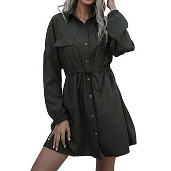 Women's Collared Knee-Length Button Down Tunic Drawstring Midi Dress with Belted Waist