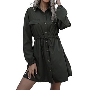 Women's Collared Knee-Length Button Down Tunic Drawstring Midi Dress with Belted Waist