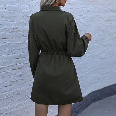 Women's Collared Knee-Length Button Down Tunic Drawstring Midi Dress with Belted Waist