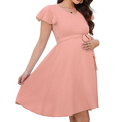 Maternity V-Neck Flutter Sleeve Dress Summer Midi Dress with Belted