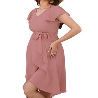 Maternity V-Neck Flutter Sleeve Dress Summer Midi Dress with Belted