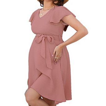 Maternity V-Neck Flutter Sleeve Dress Summer Midi Dress with Belted