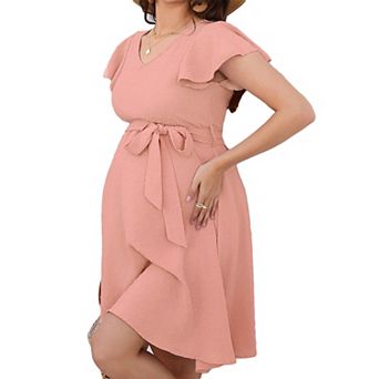 Maternity V-Neck Flutter Sleeve Dress Summer Midi Dress with Belted
