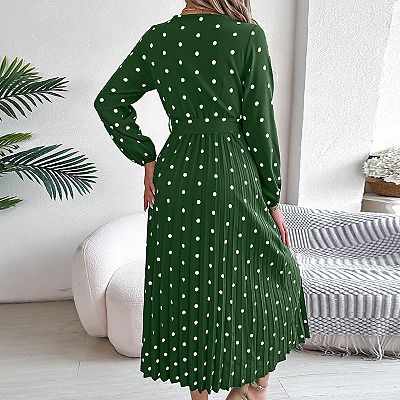 Women's Casual Midi Dress V Neck Long Sleeve Dot Printed Tie Waist