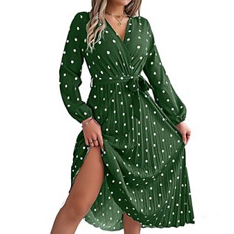 Women's Casual Midi Dress V Neck Long Sleeve Dot Printed Tie Waist Pleated Spring Fall Dress