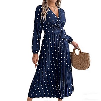 Women's Casual Midi Dress V Neck Long Sleeve Dot Printed Tie Waist Pleated Spring Fall Dress