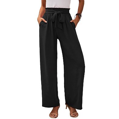 Women's High Waist Wide Leg Pants Casual Elastic Waist Trousers with Tie Belt and Pockets