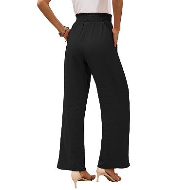 Women's High Waist Wide Leg Pants Casual Elastic Waist Trousers with Tie Belt and Pockets