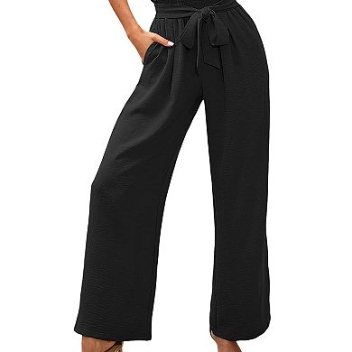 Women's High Waist Wide Leg Pants Casual Elastic Waist Trousers with Tie Belt and Pockets