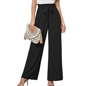 Women's High Waist Wide Leg Pants Casual Elastic Waist Trousers with Tie Belt and Pockets