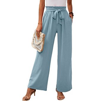 Women's High Waist Wide Leg Pants Casual Elastic Waist Trousers with Tie Belt and Pockets