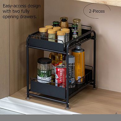 Basicwise Under Sink Organizer Sliding Wire Baskets Adjustable 2-Tier Metal Storage Rack