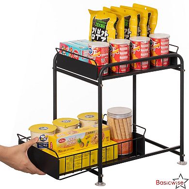 Basicwise Under Sink Organizer Sliding Wire Baskets Adjustable 2-Tier Metal Storage Rack