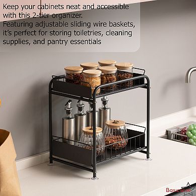 Basicwise Under Sink Organizer Sliding Wire Baskets Adjustable 2-Tier Metal Storage Rack